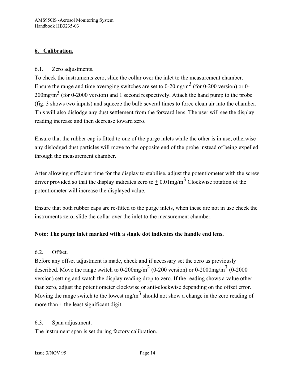 Calibration, Zero adjustments, Offset | Span adjustment | Casella CEL Airborne particulate monitor (AMS950-IS) User Manual | Page 14 / 22