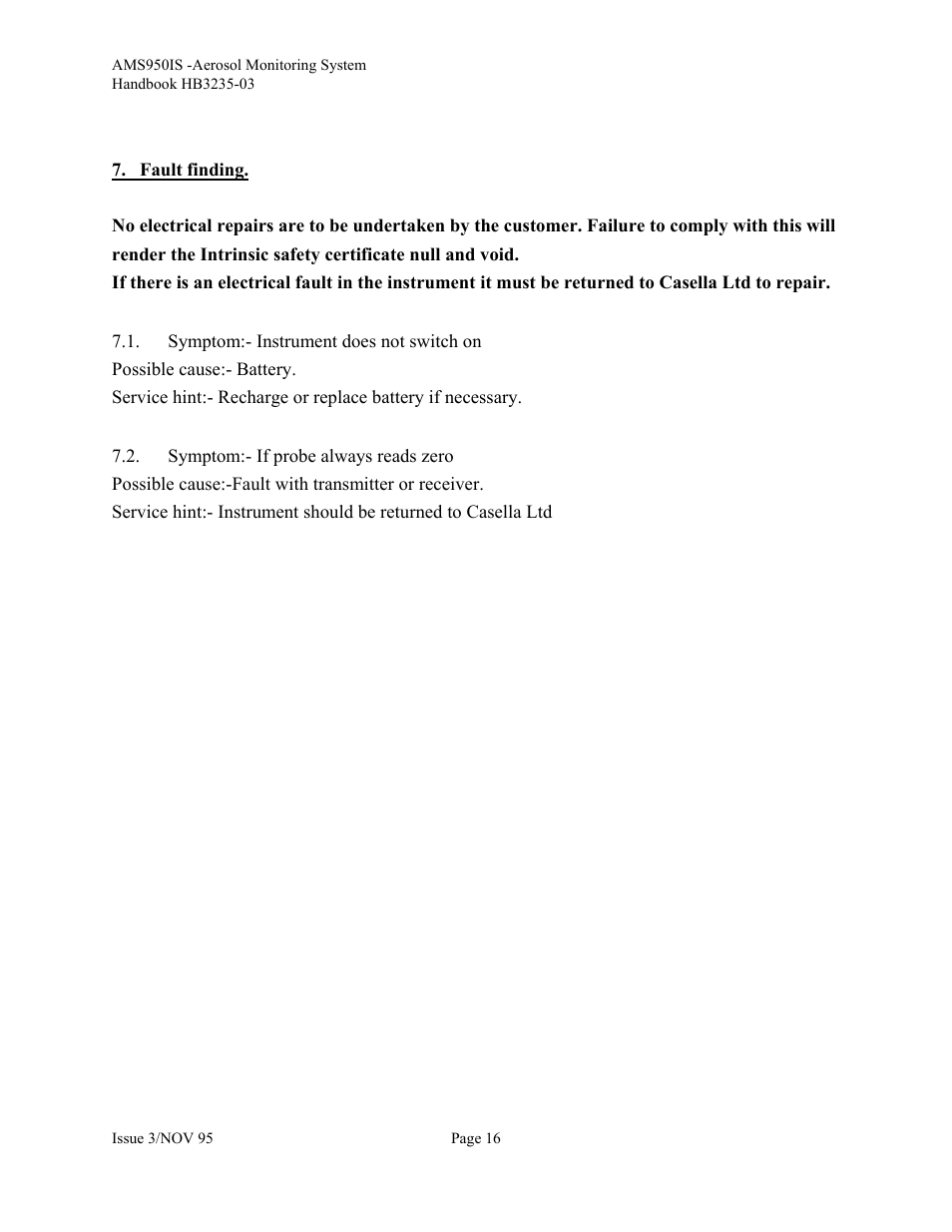 Fault finding, Symptom:- instrument does not switch on, Symptom:- if probe always reads zero | Casella CEL Airborne particulate monitor (AMS950-IS) User Manual | Page 16 / 22