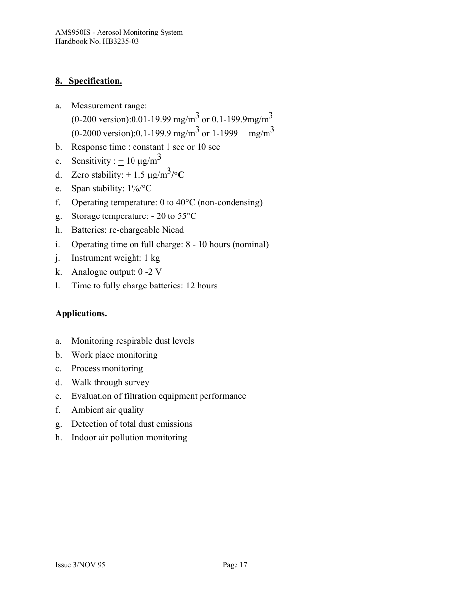 Specification | Casella CEL Airborne particulate monitor (AMS950-IS) User Manual | Page 17 / 22