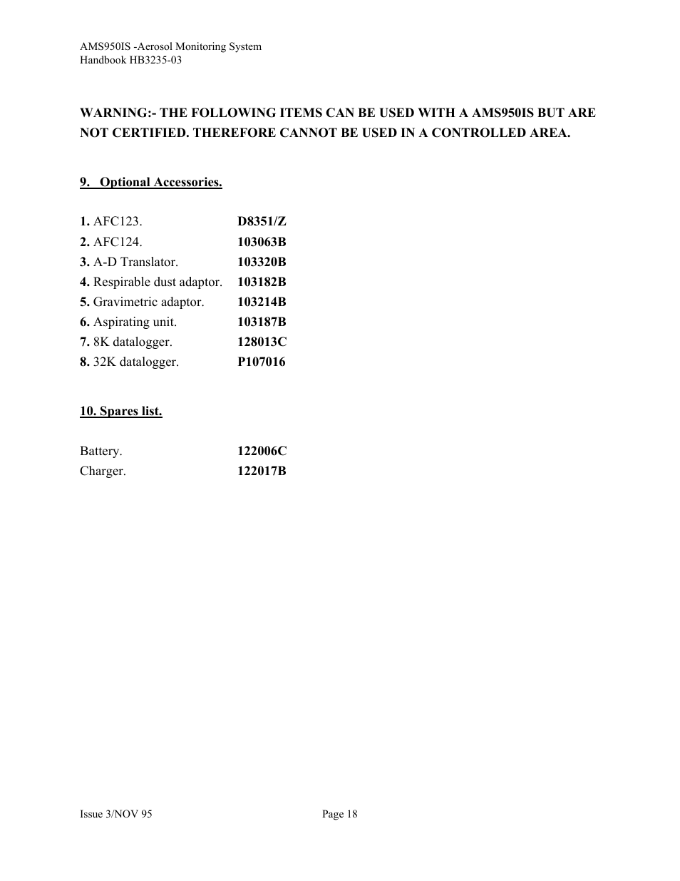 Optional accessories, Spares list | Casella CEL Airborne particulate monitor (AMS950-IS) User Manual | Page 18 / 22