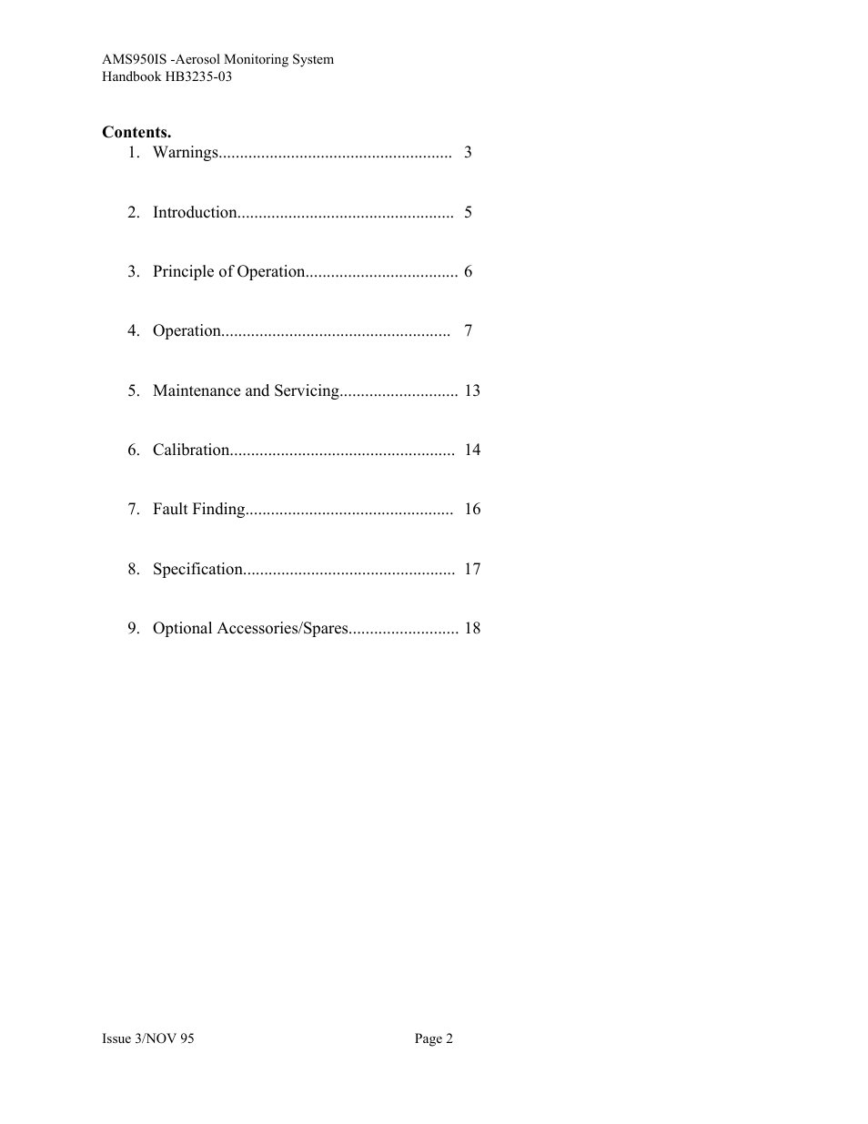 Warnings, Introduction, Principle of operation | Operation, Maintenance and servicing, Calibration, Fault finding, Specification, Optional accessories/spares | Casella CEL Airborne particulate monitor (AMS950-IS) User Manual | Page 2 / 22