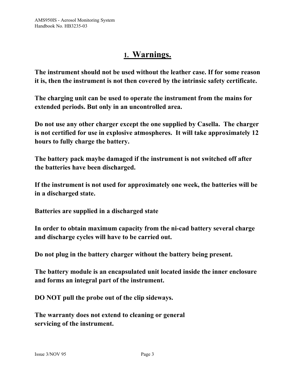 Warnings | Casella CEL Airborne particulate monitor (AMS950-IS) User Manual | Page 3 / 22