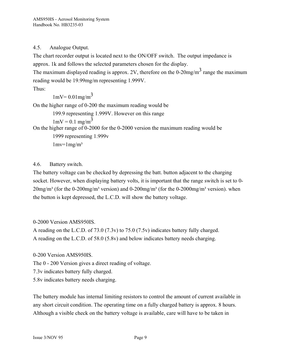 Analogue output, Battery switch | Casella CEL Airborne particulate monitor (AMS950-IS) User Manual | Page 9 / 22