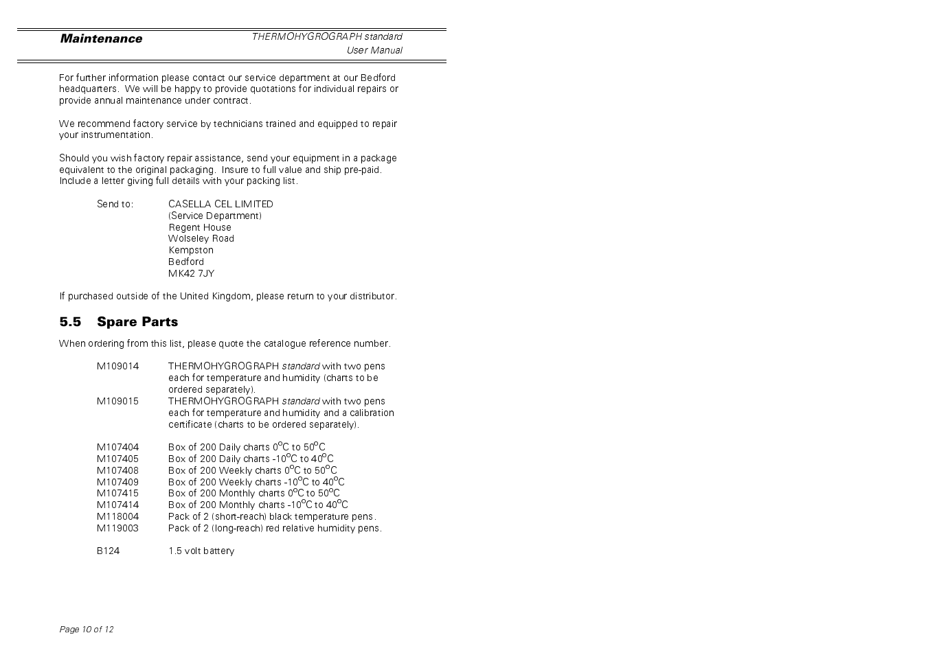 Casella CEL Thermohygrograph standard model User Manual | Page 10 / 12