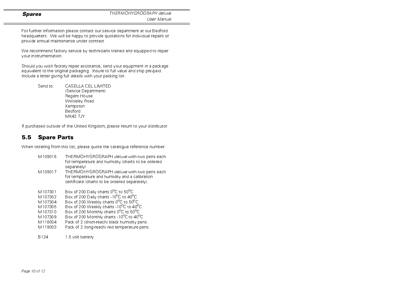 Casella CEL Thermohygrograph deluxe model User Manual | Page 10 / 12