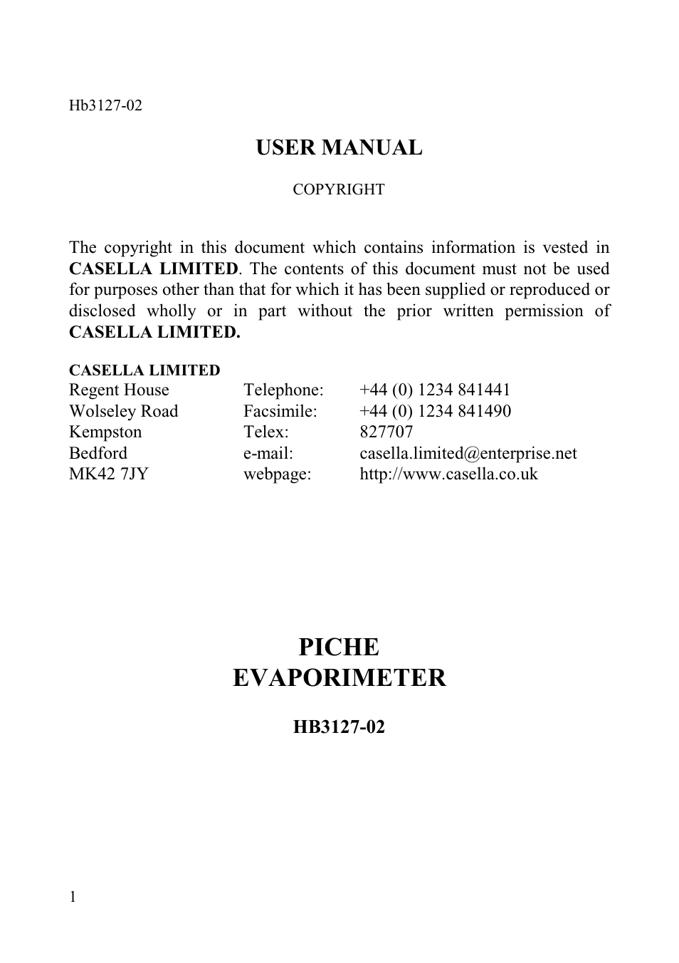 Casella CEL Piche evaporimeter User Manual | 4 pages