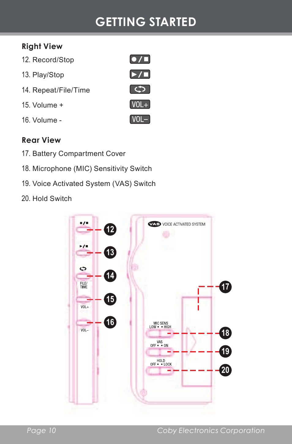 Right view, Rear view, Getting started | COBY electronic CX-R189 User Manual | Page 10 / 28