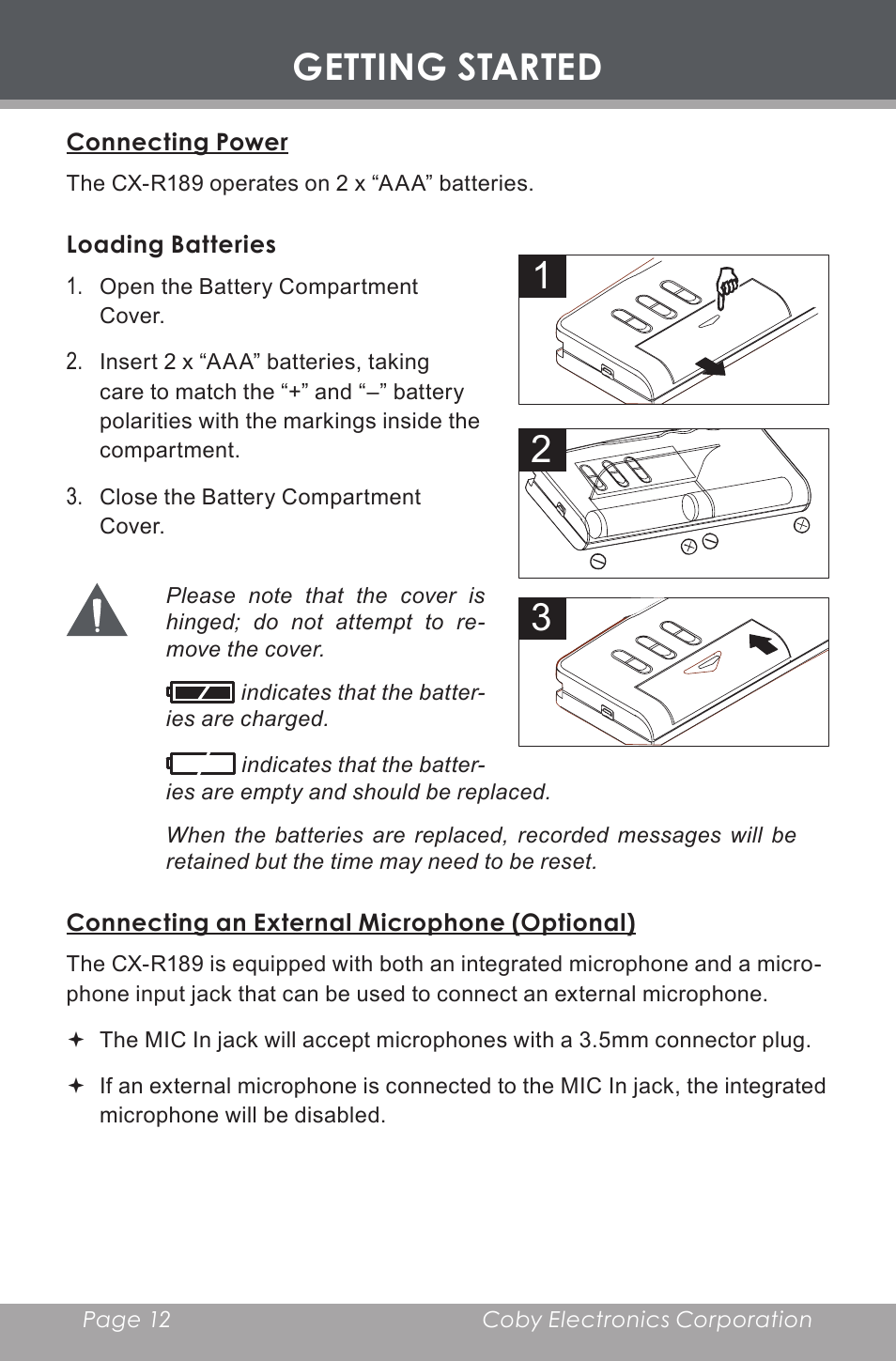 Connecting power, Loading batteries, Connecting an external microphone (optional) | Getting started 1 2 3 | COBY electronic CX-R189 User Manual | Page 12 / 28
