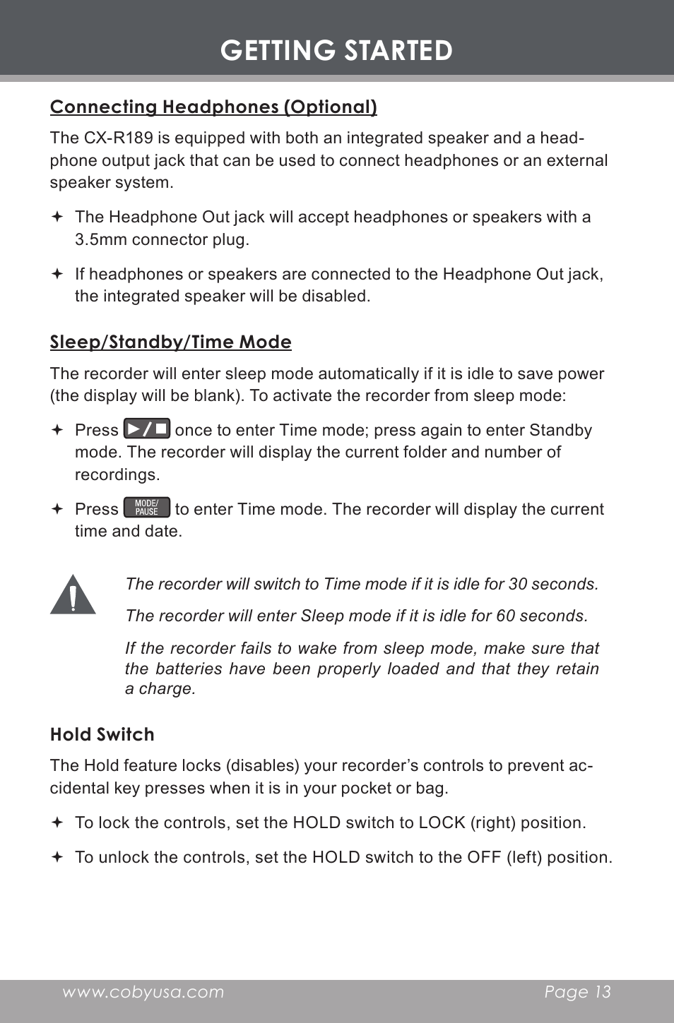 Connecting headphones (optional), Sleep/standby/time mode, Hold switch | Getting started | COBY electronic CX-R189 User Manual | Page 13 / 28