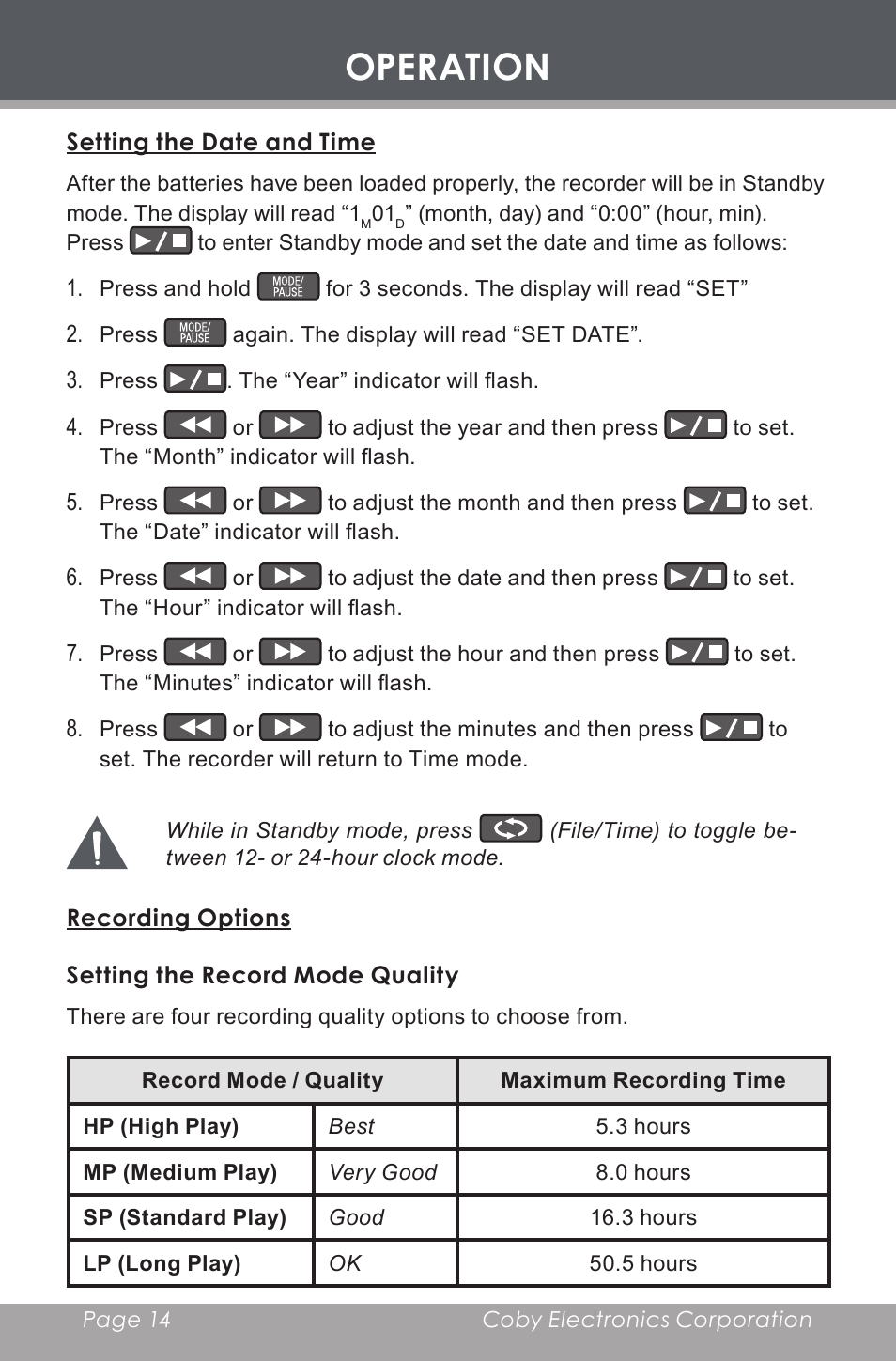 Operation, Setting the date and time, Recording options | Setting the record mode quality | COBY electronic CX-R189 User Manual | Page 14 / 28