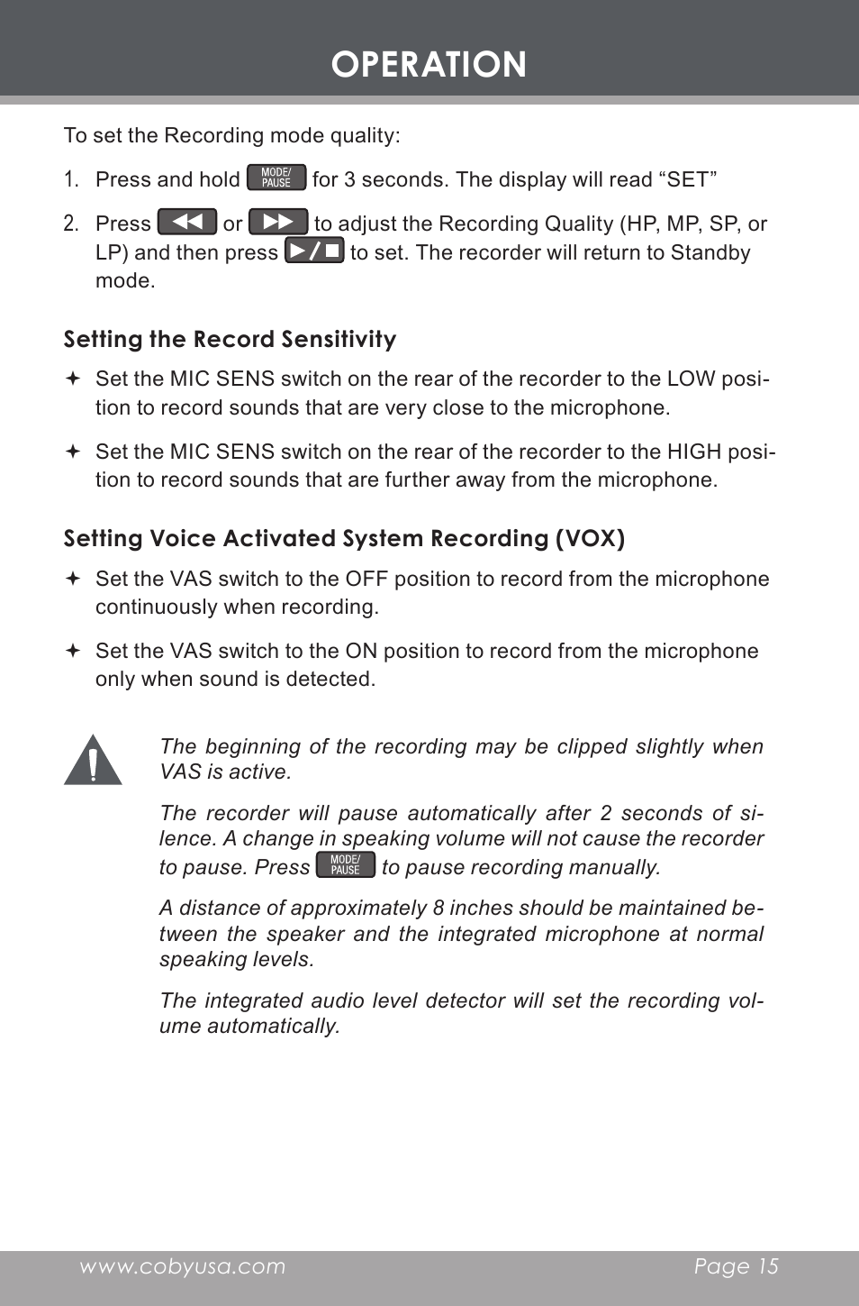 Setting the record sensitivity, Setting voice activated system recording (vox), Operation | COBY electronic CX-R189 User Manual | Page 15 / 28