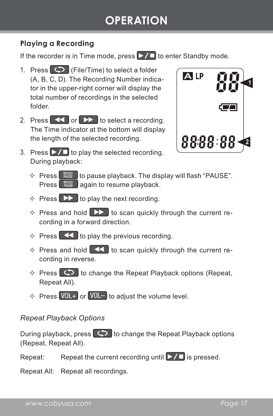 Playing a recording, Operation | COBY electronic CX-R189 User Manual | Page 17 / 28