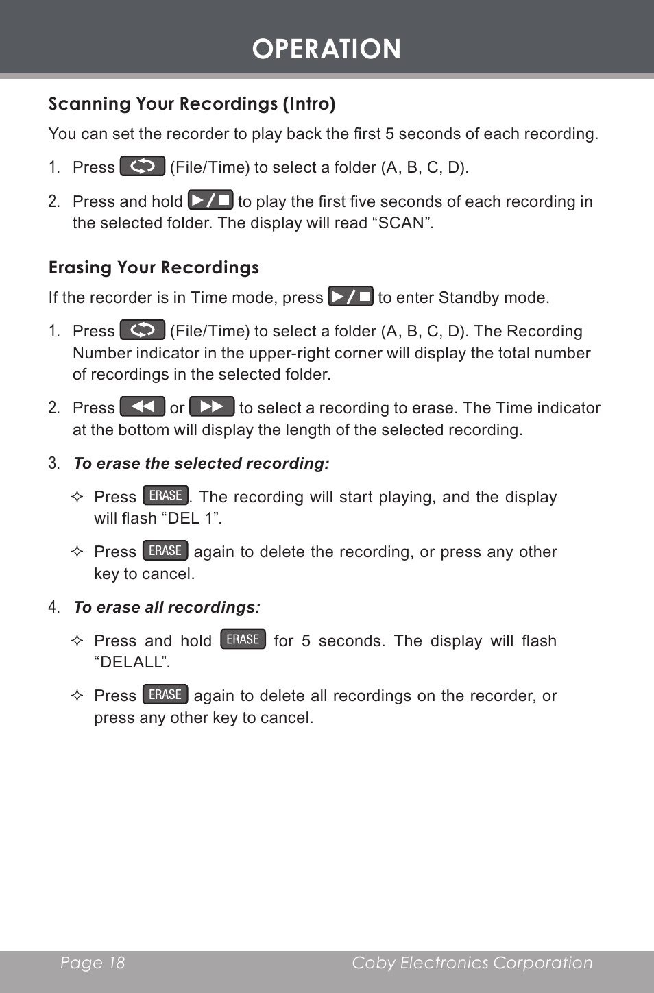 Scanning your recordings (intro), Erasing your recordings, Operation | COBY electronic CX-R189 User Manual | Page 18 / 28