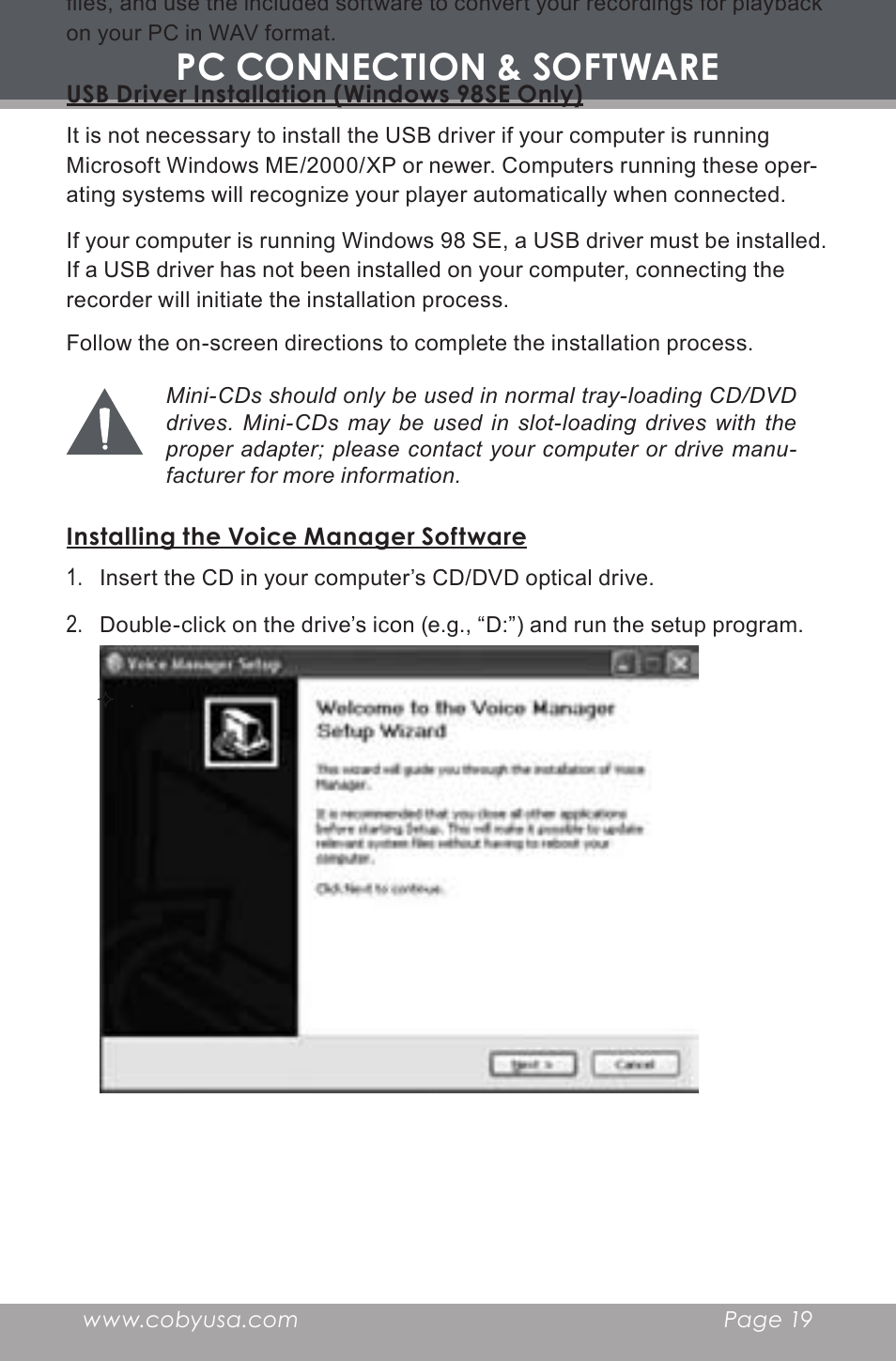 Pc connection & software, Usb driver installation (windows 98se only), Installing the voice manager software | COBY electronic CX-R189 User Manual | Page 19 / 28