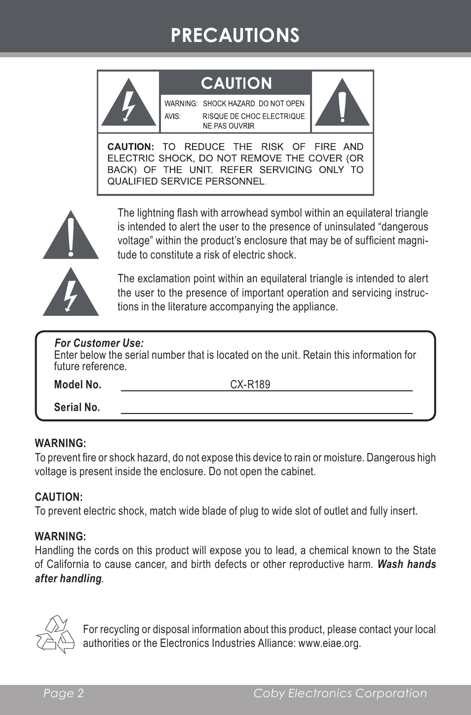 Precautions | COBY electronic CX-R189 User Manual | Page 2 / 28