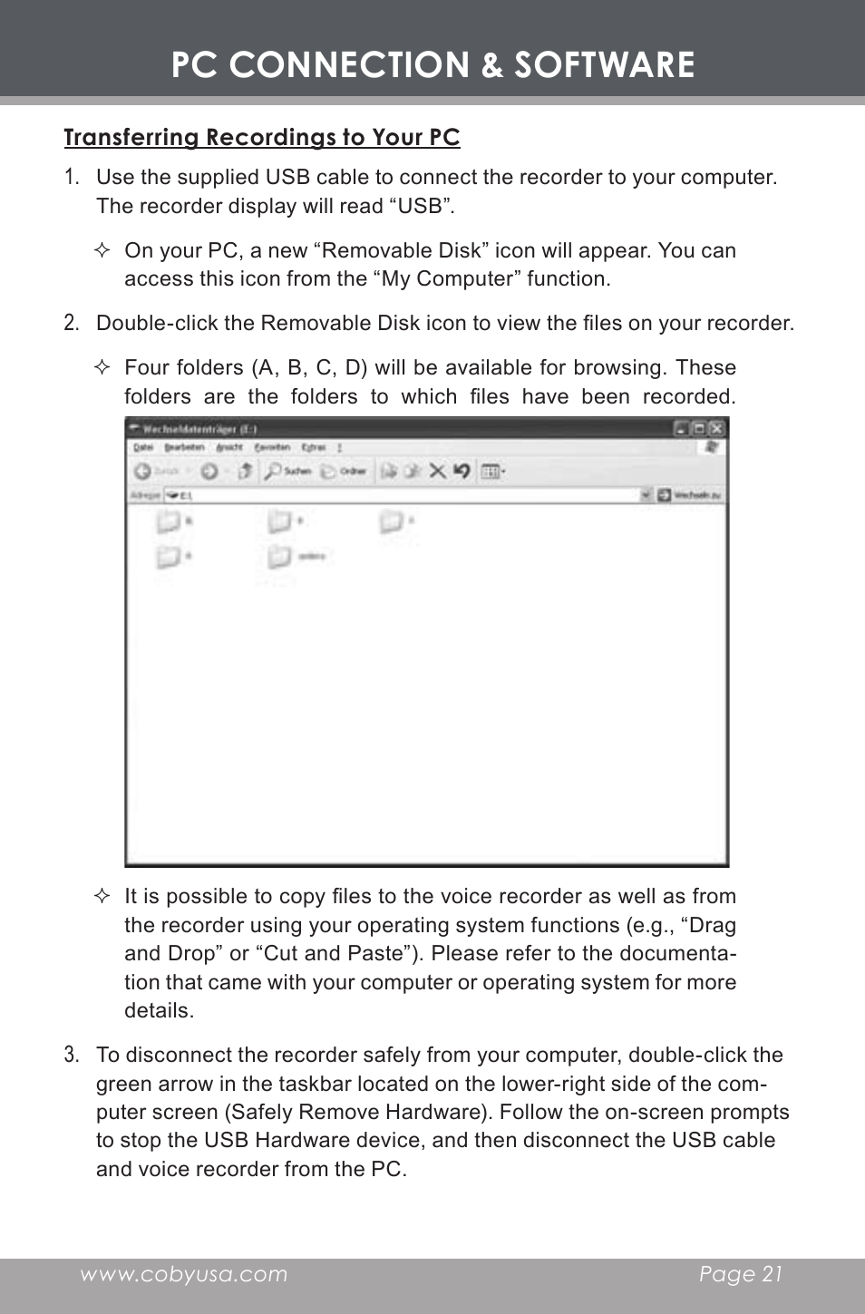 Transferring recordings to your pc, Pc connection & software | COBY electronic CX-R189 User Manual | Page 21 / 28