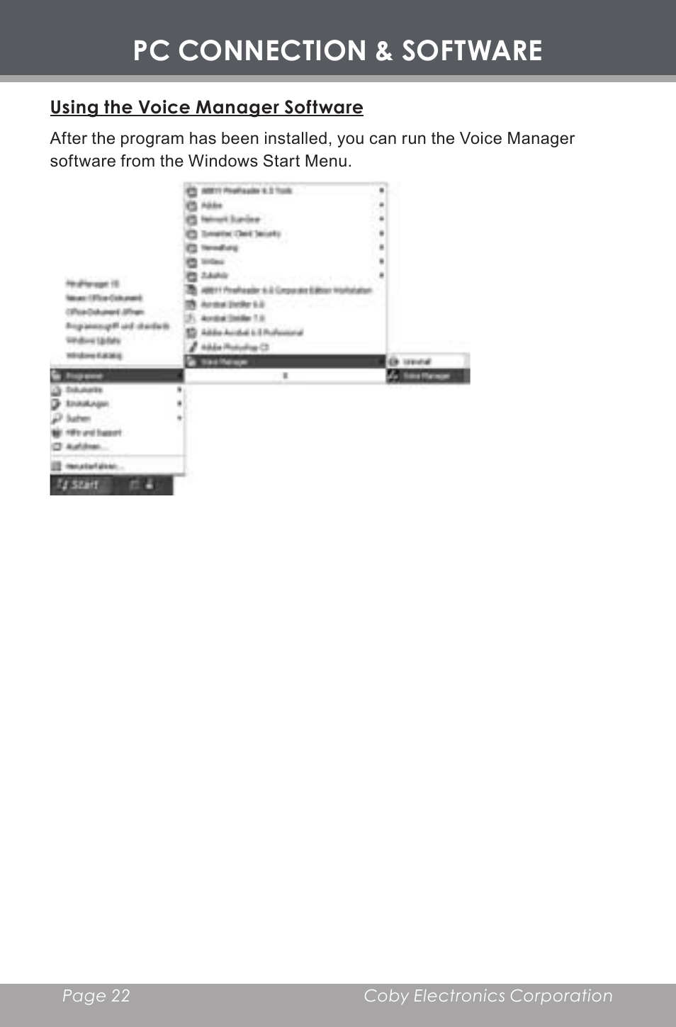 Using the voice manager software, Pc connection & software | COBY electronic CX-R189 User Manual | Page 22 / 28