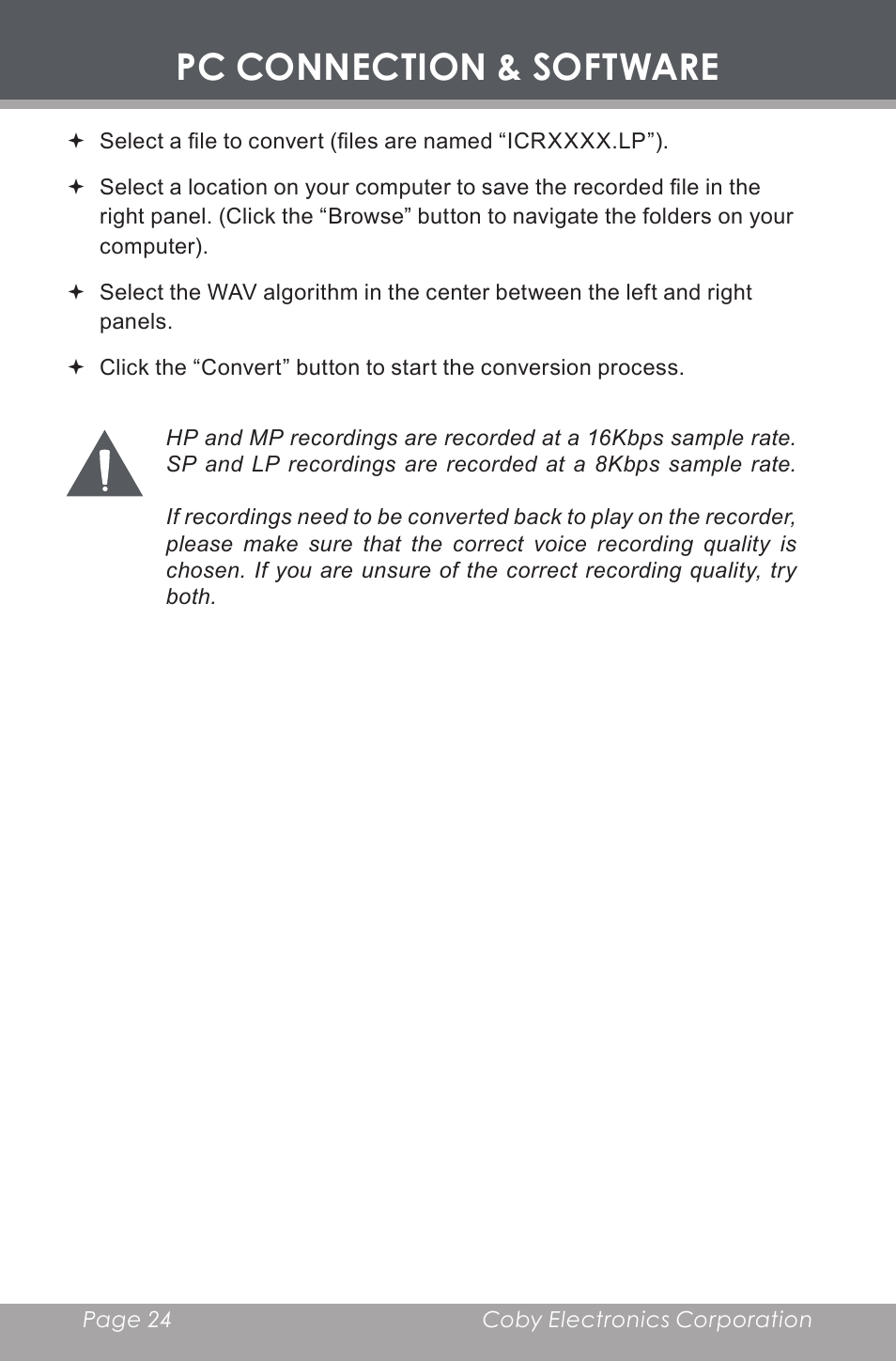 Pc connection & software | COBY electronic CX-R189 User Manual | Page 24 / 28