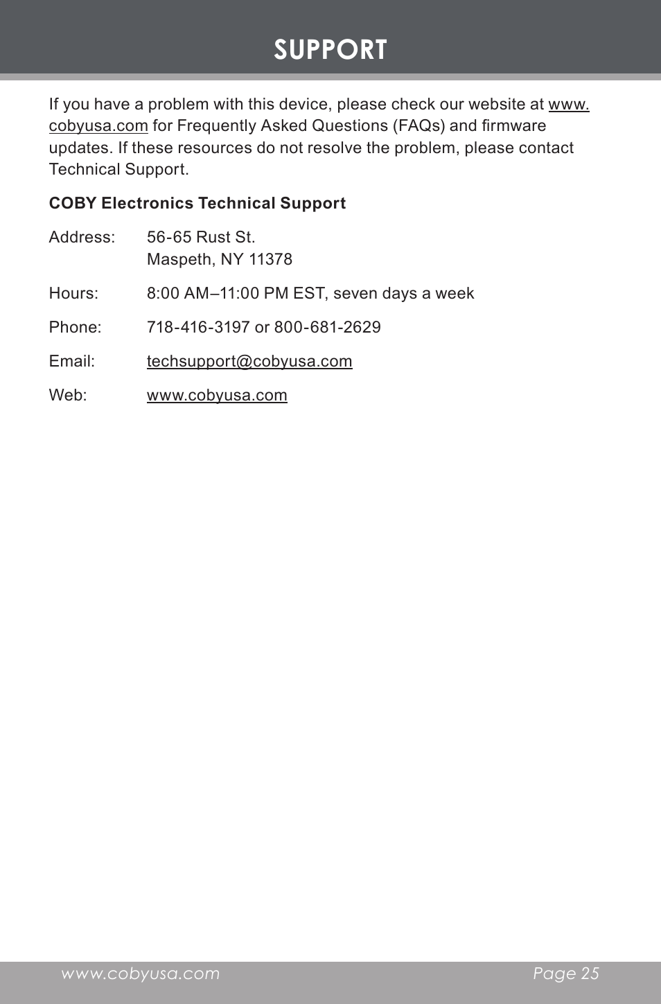 Support | COBY electronic CX-R189 User Manual | Page 25 / 28