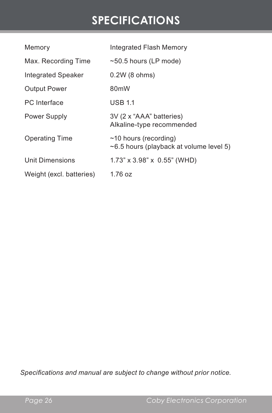 Specifications | COBY electronic CX-R189 User Manual | Page 26 / 28