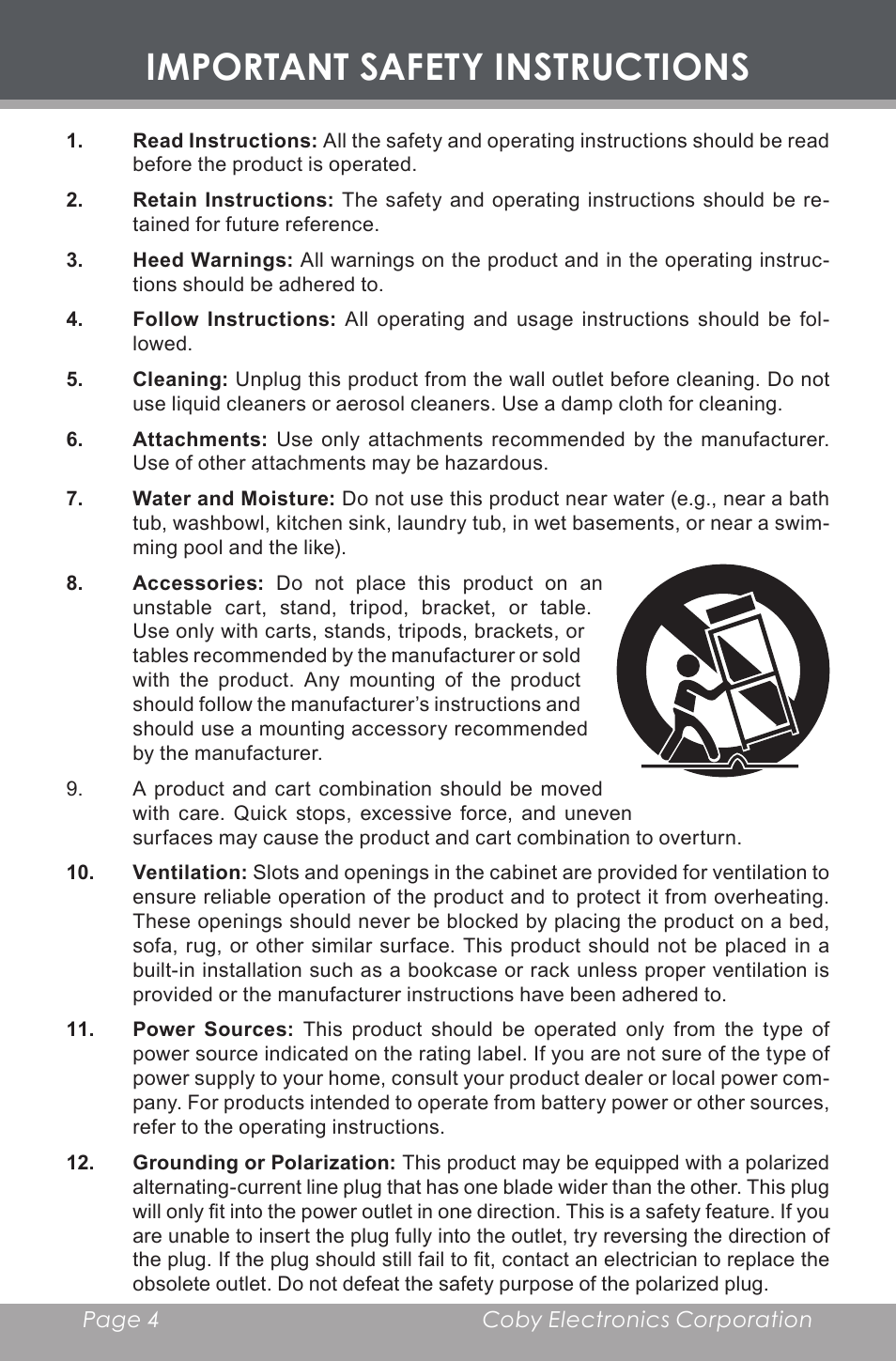 Important safety instructions | COBY electronic CX-R189 User Manual | Page 4 / 28