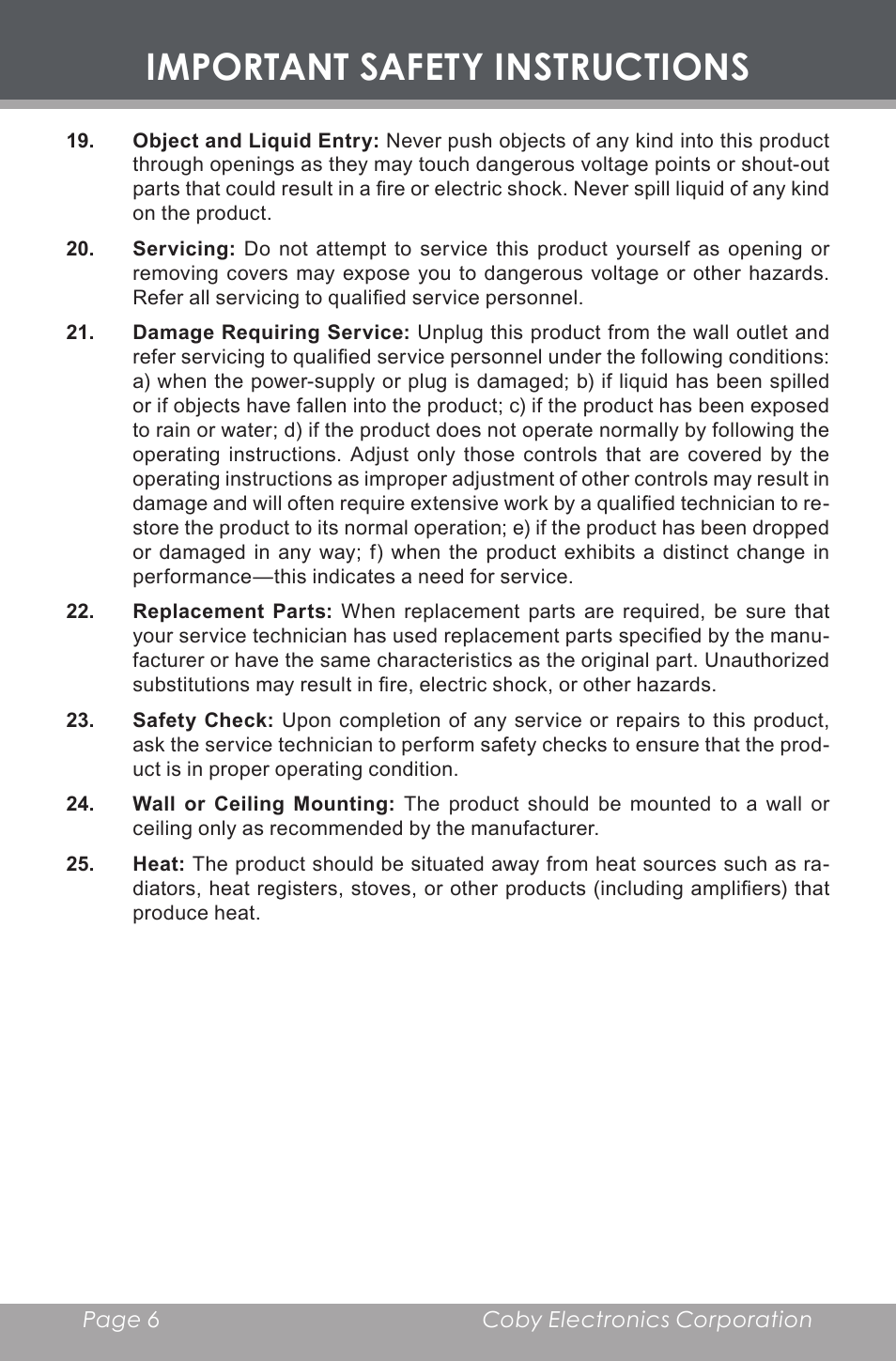 Important safety instructions | COBY electronic CX-R189 User Manual | Page 6 / 28