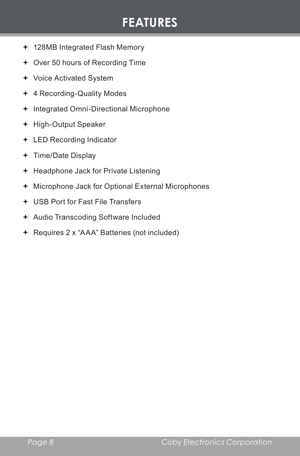 Features | COBY electronic CX-R189 User Manual | Page 8 / 28