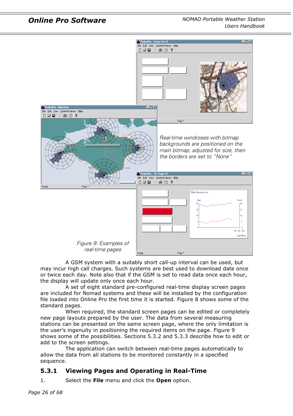 Online pro software, 1 viewing pages and operating in real-time, Figure 9: examples of real-time pages | Select the file menu and click the open option | Casella CEL Nomad portable weather station User Manual | Page 26 / 68