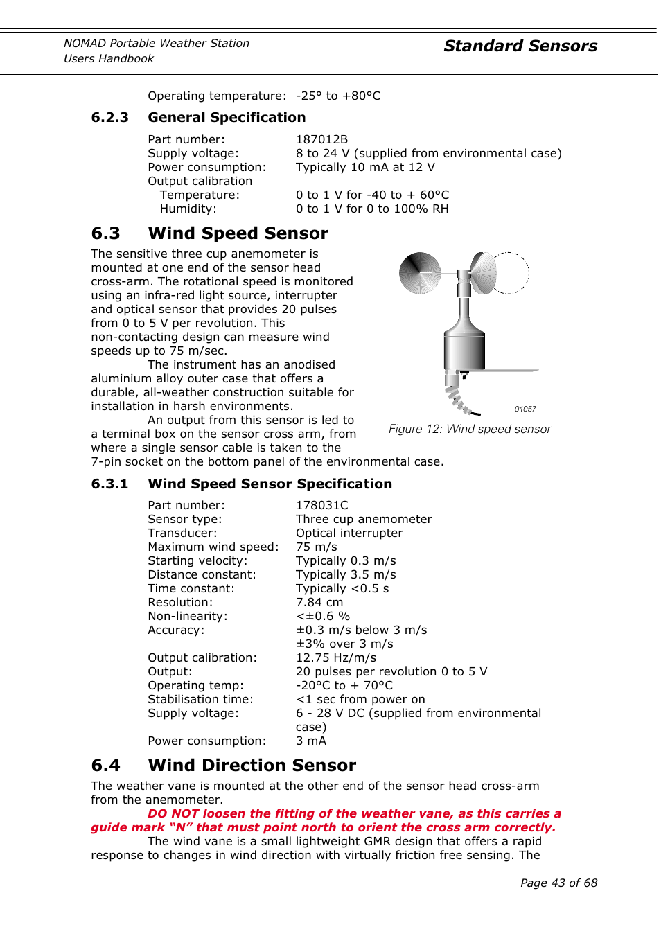 3 wind speed sensor, 4 wind direction sensor, Standard sensors | Casella CEL Nomad portable weather station User Manual | Page 43 / 68