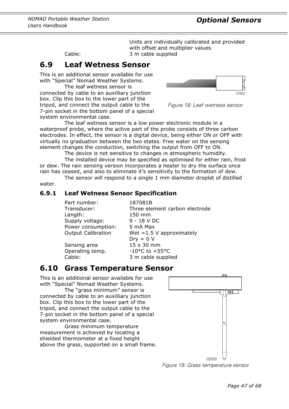 9 leaf wetness sensor, 10 grass temperature sensor, Optional sensors | Casella CEL Nomad portable weather station User Manual | Page 47 / 68