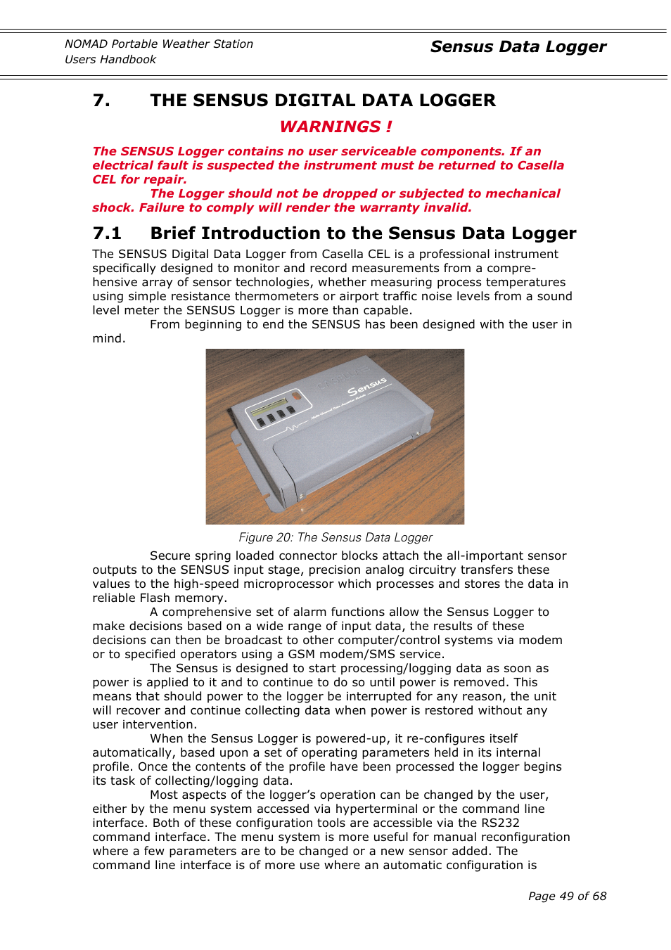 The sensus digital data logger, 1 brief introduction to the sensus data logger, Warnings | Sensus data logger | Casella CEL Nomad portable weather station User Manual | Page 49 / 68