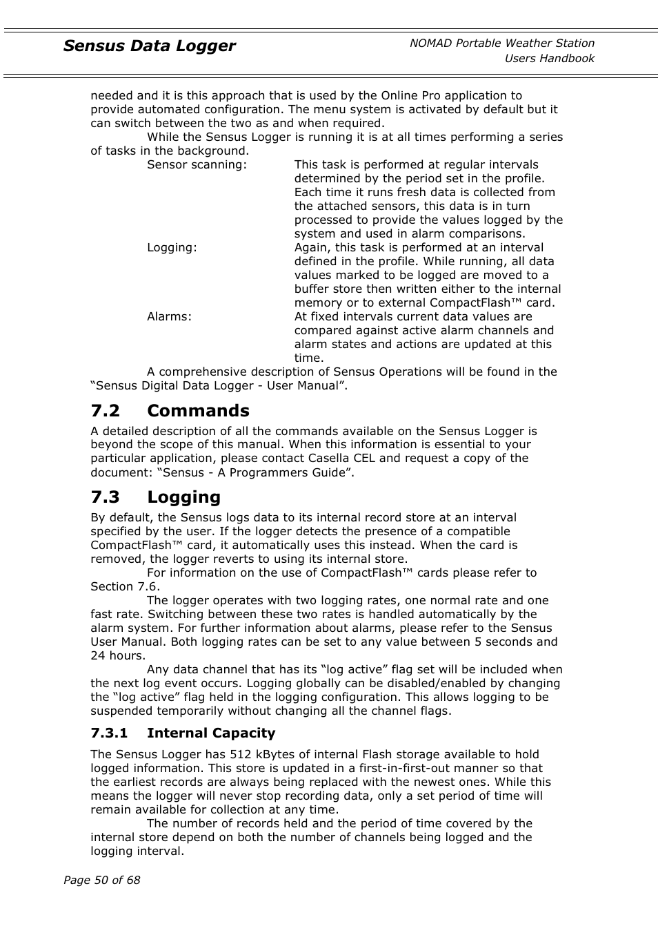 2 commands, 3 logging, Sensus data logger | Casella CEL Nomad portable weather station User Manual | Page 50 / 68