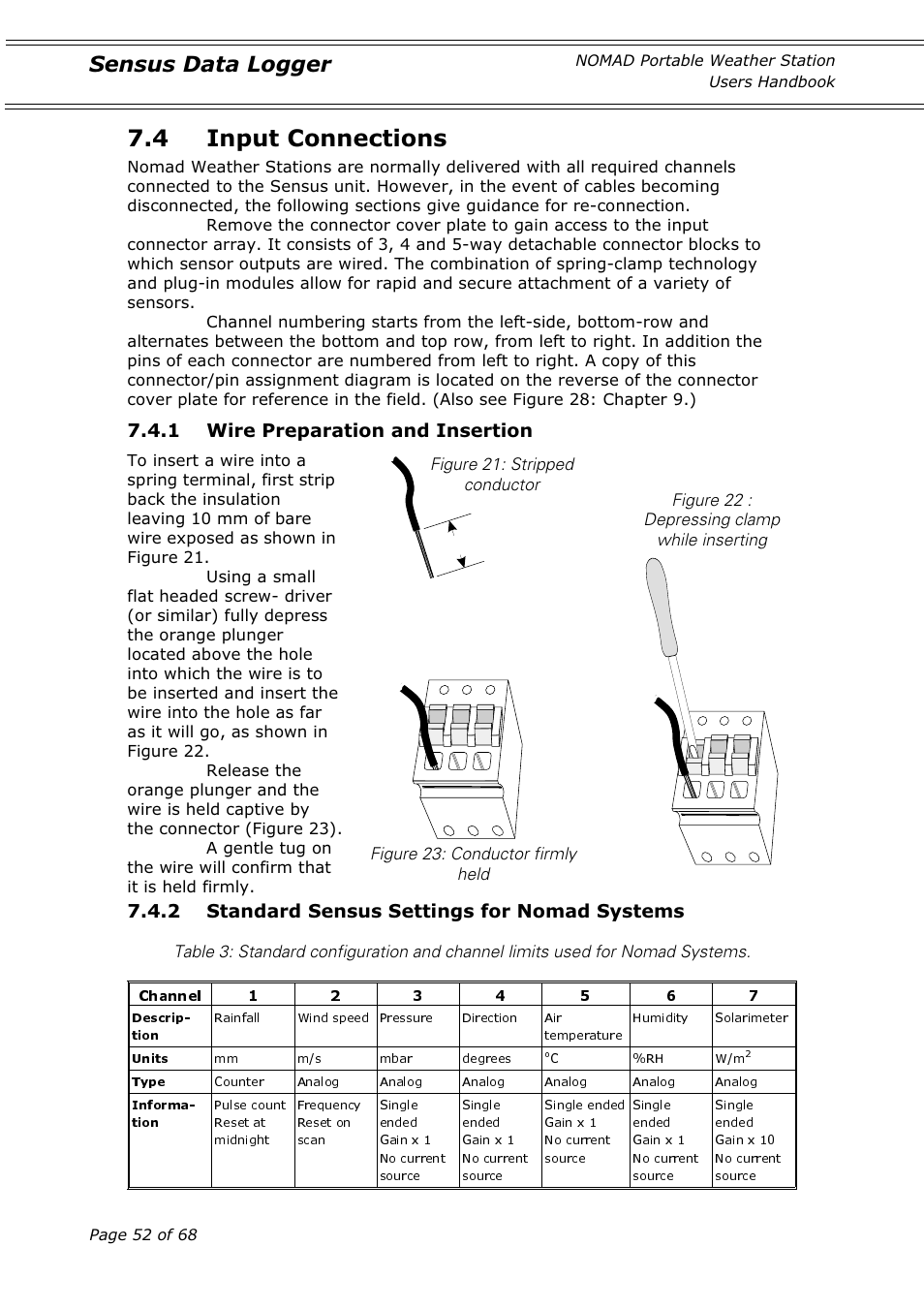 4 input connections, Sensus data logger, 1 wire preparation and insertion | 2 standard sensus settings for nomad systems | Casella CEL Nomad portable weather station User Manual | Page 52 / 68