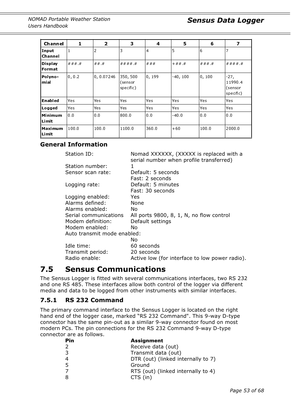 5 sensus communications, Sensus data logger, General information | 1 rs 232 command | Casella CEL Nomad portable weather station User Manual | Page 53 / 68