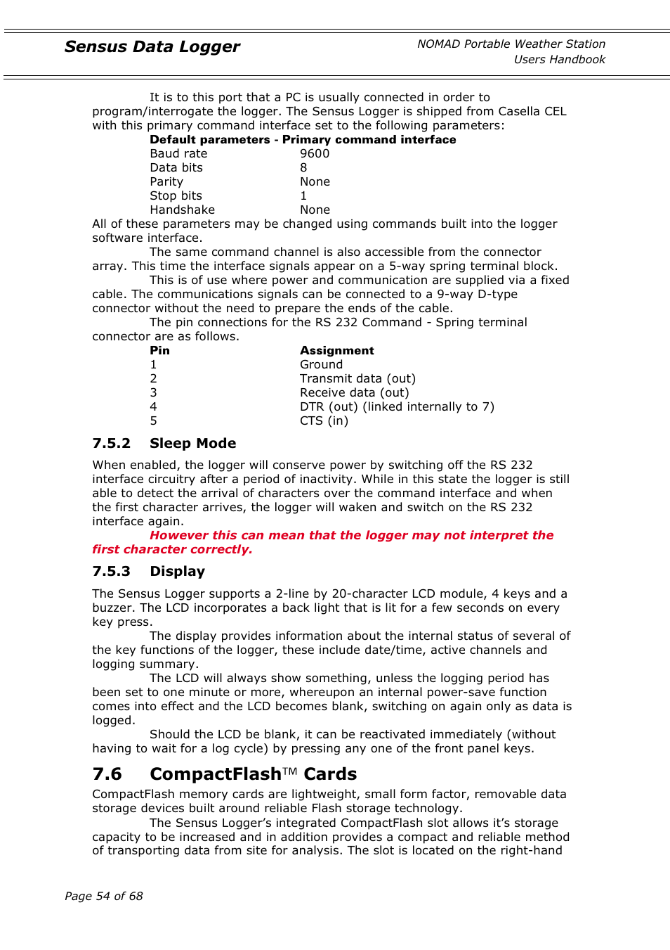 6 compactflash ™ cards, Sensus data logger | Casella CEL Nomad portable weather station User Manual | Page 54 / 68