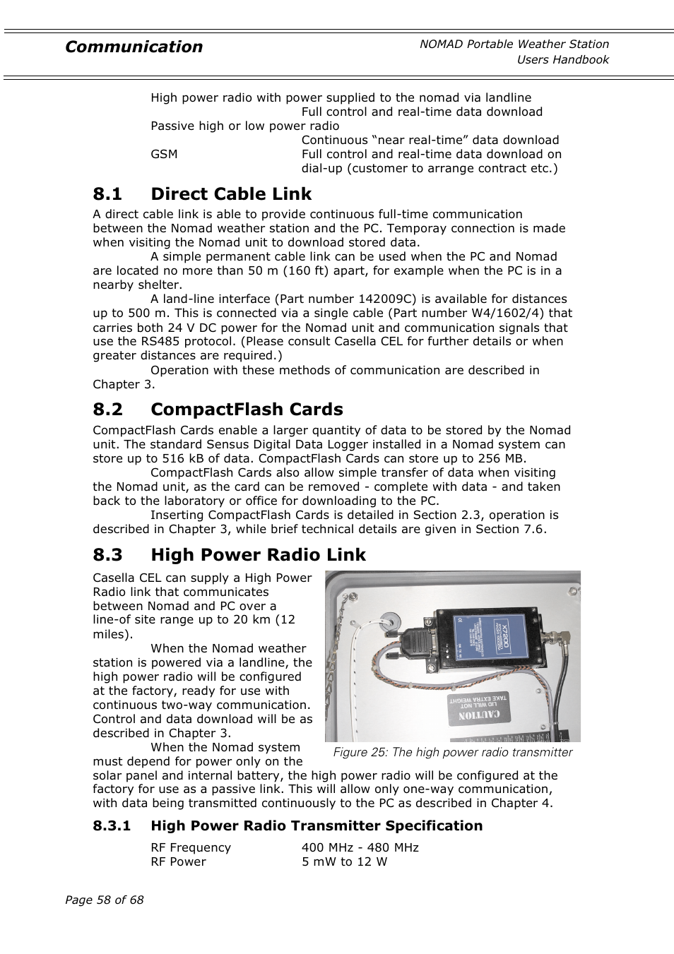 1 direct cable link, 2 compactflash cards, 3 high power radio link | Communication | Casella CEL Nomad portable weather station User Manual | Page 58 / 68