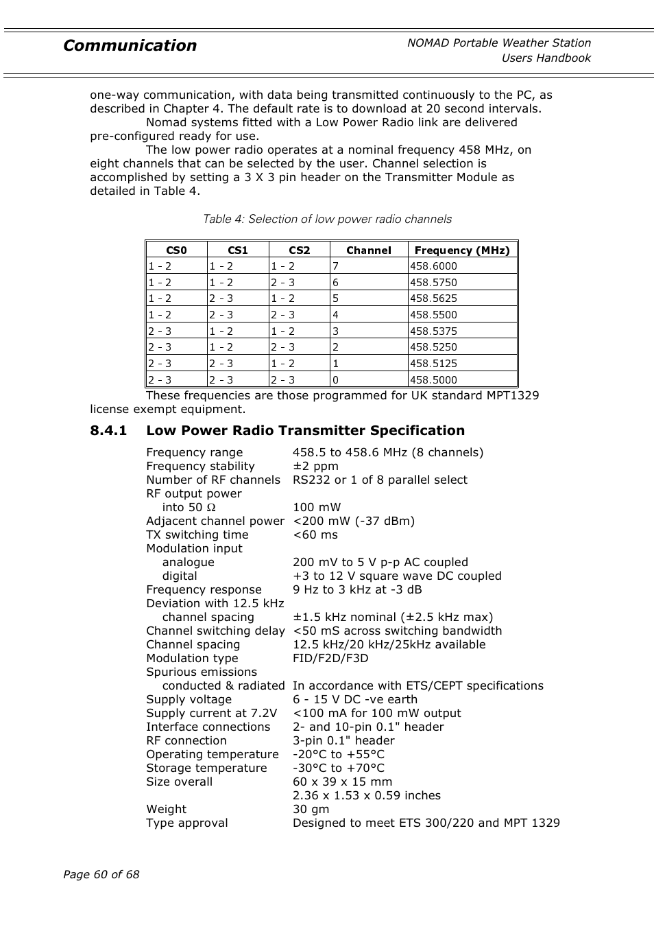 Communication, 1 low power radio transmitter specification | Casella CEL Nomad portable weather station User Manual | Page 60 / 68
