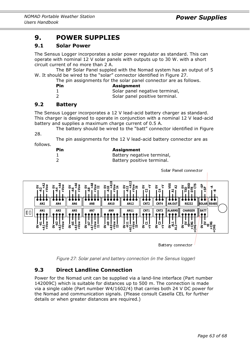 Power supplies, 1 solar power, 2 battery | 3 direct landline connection | Casella CEL Nomad portable weather station User Manual | Page 63 / 68