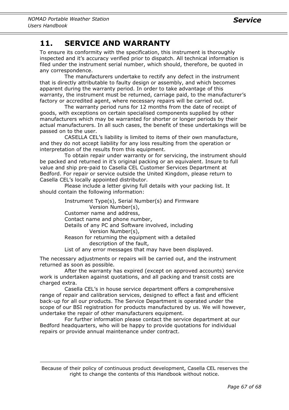 Service and warranty, Service | Casella CEL Nomad portable weather station User Manual | Page 67 / 68