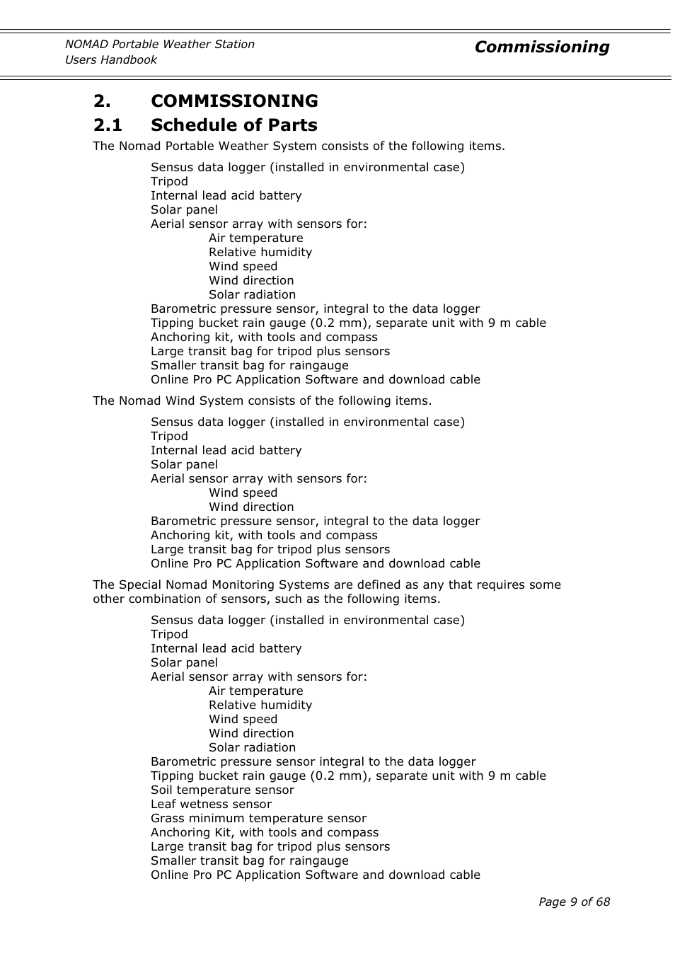 Commissioning 2.1 schedule of parts, Commissioning | Casella CEL Nomad portable weather station User Manual | Page 9 / 68
