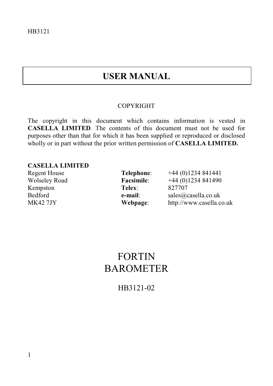 Casella CEL Fortin barometer User Manual | 11 pages