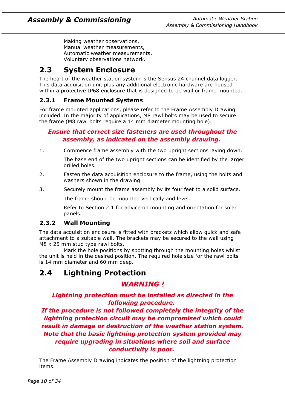 3 system enclosure, 4 lightning protection, Warning | Assembly & commissioning | Casella CEL Automatic weather station User Manual | Page 10 / 34