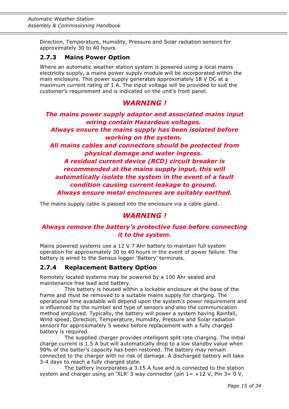 Warning | Casella CEL Automatic weather station User Manual | Page 15 / 34