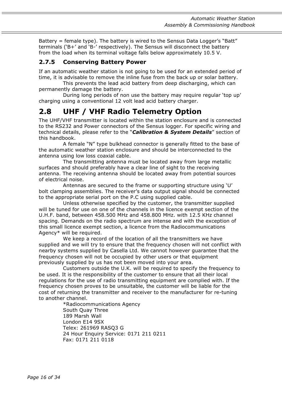 8 uhf / vhf radio telemetry option | Casella CEL Automatic weather station User Manual | Page 16 / 34