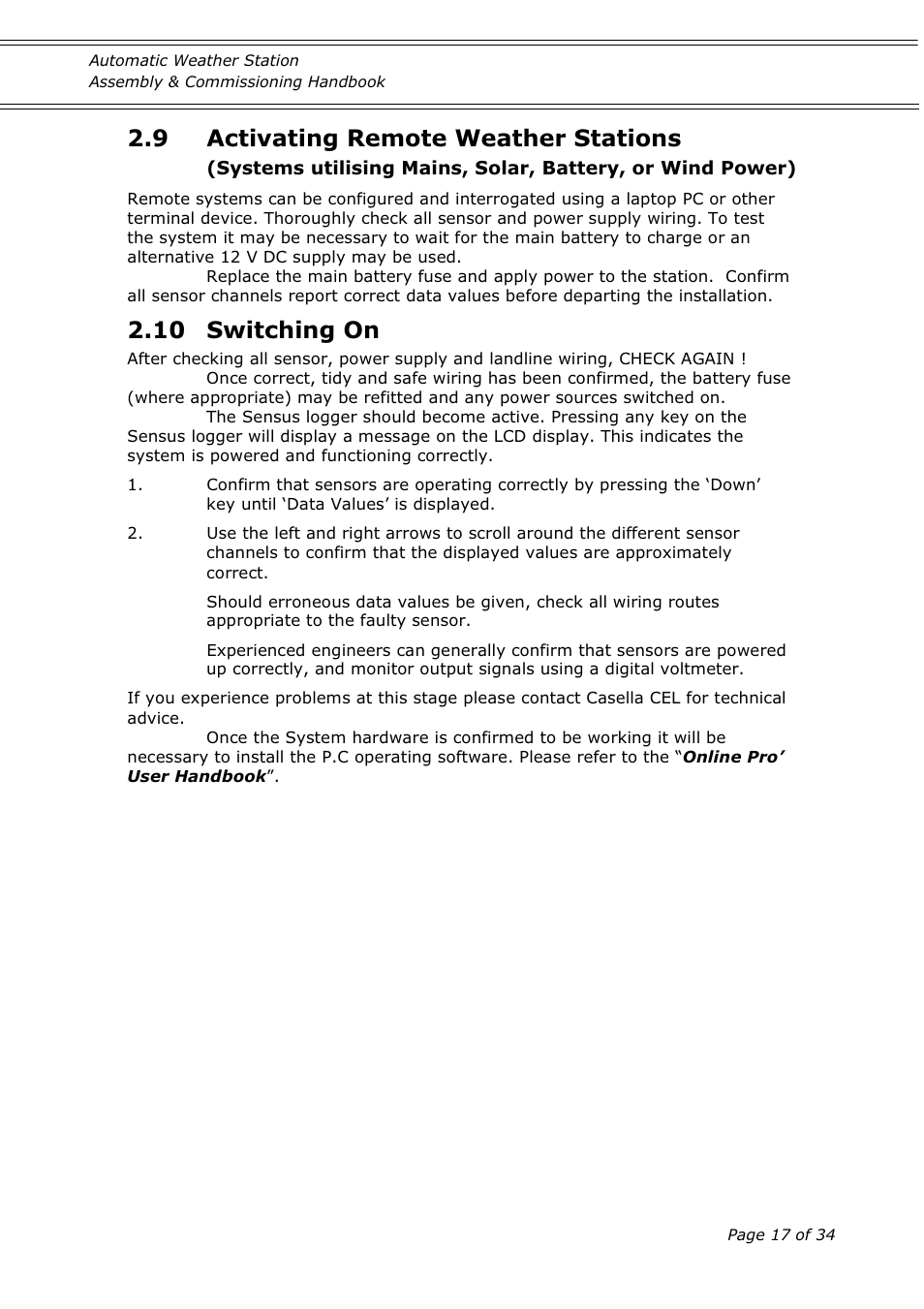 9 activating remote weather stations, 10 switching on | Casella CEL Automatic weather station User Manual | Page 17 / 34