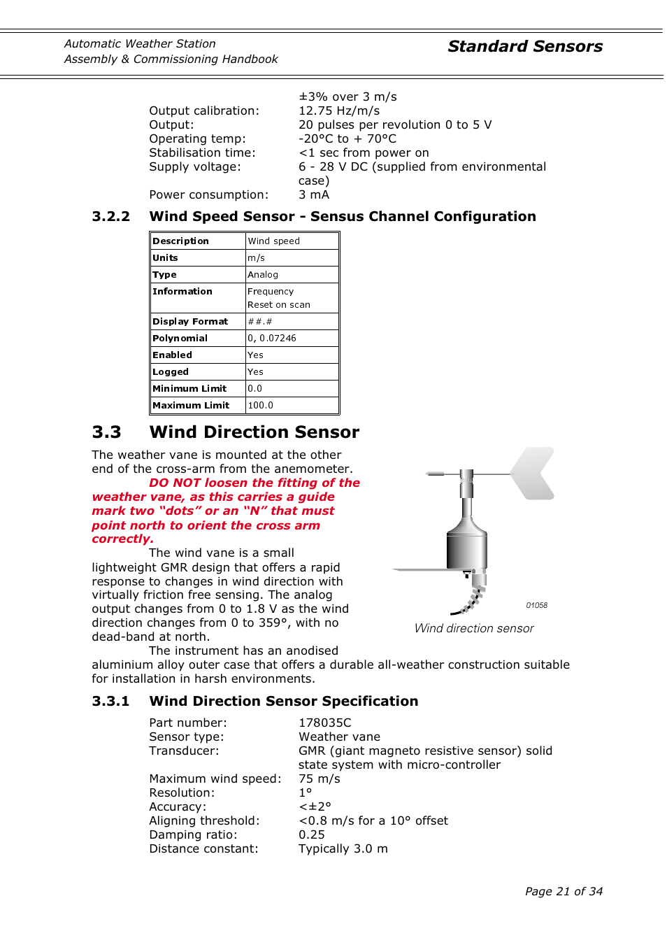 3 wind direction sensor, Standard sensors, 2 wind speed sensor - sensus channel configuration | 1 wind direction sensor specification | Casella CEL Automatic weather station User Manual | Page 21 / 34
