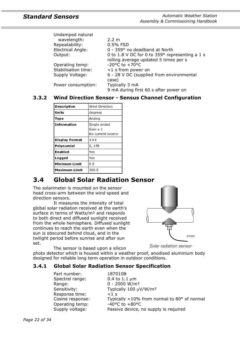 4 global solar radiation sensor, Standard sensors, 1 global solar radiation sensor specification | Casella CEL Automatic weather station User Manual | Page 22 / 34