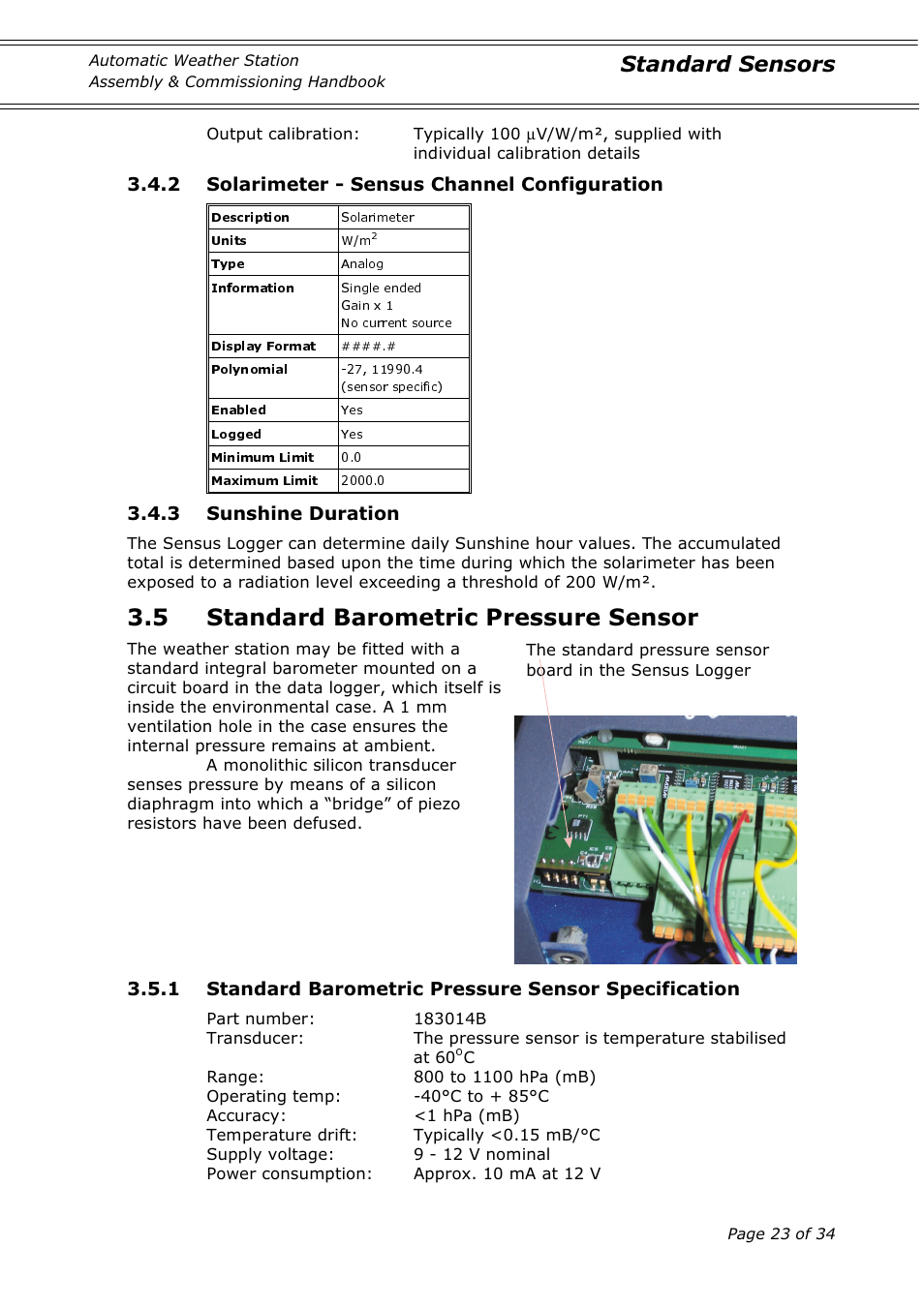 5 standard barometric pressure sensor, Standard sensors, 2 solarimeter - sensus channel configuration | 3 sunshine duration | Casella CEL Automatic weather station User Manual | Page 23 / 34