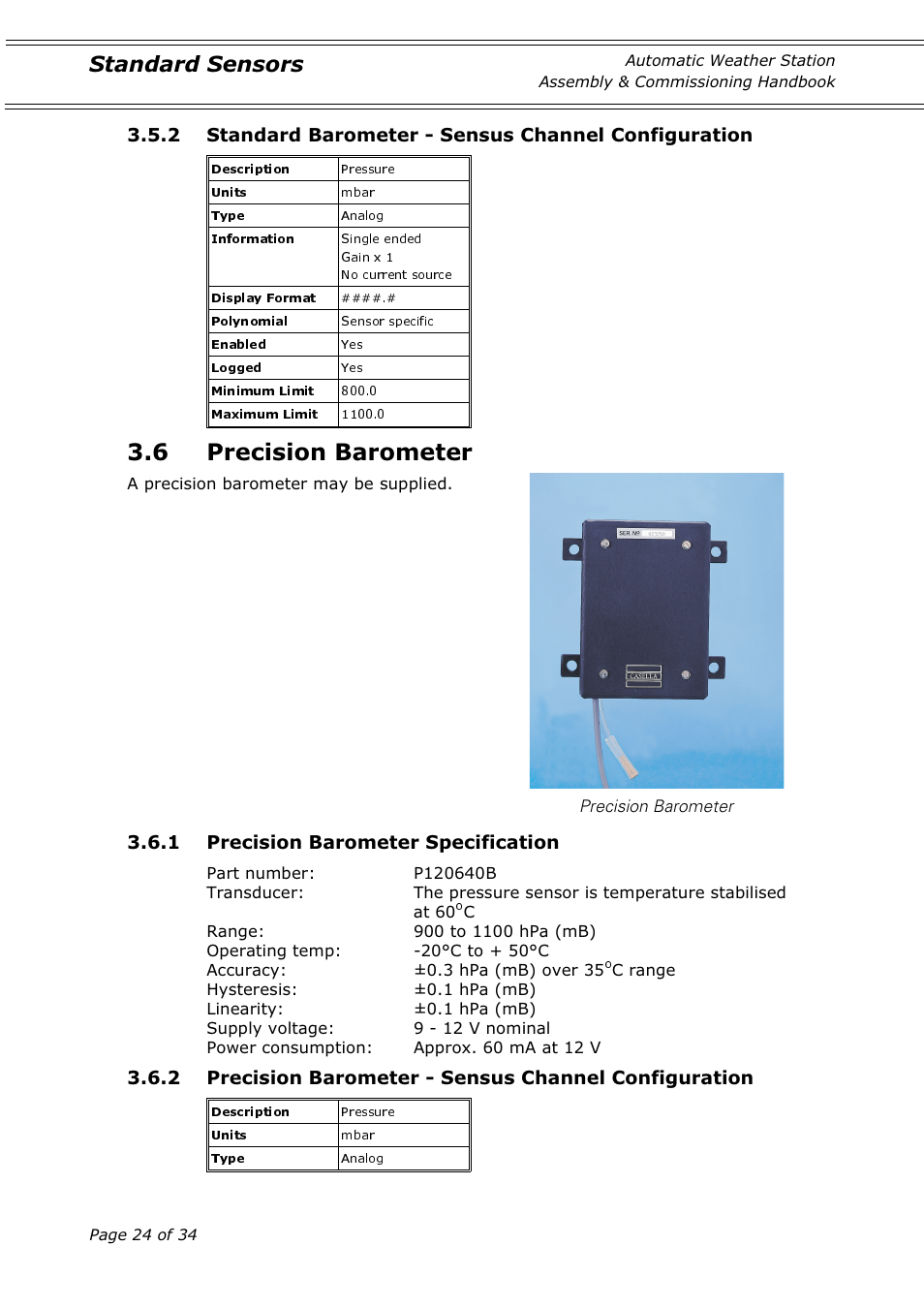 6 precision barometer, Standard sensors, 1 precision barometer specification | Casella CEL Automatic weather station User Manual | Page 24 / 34