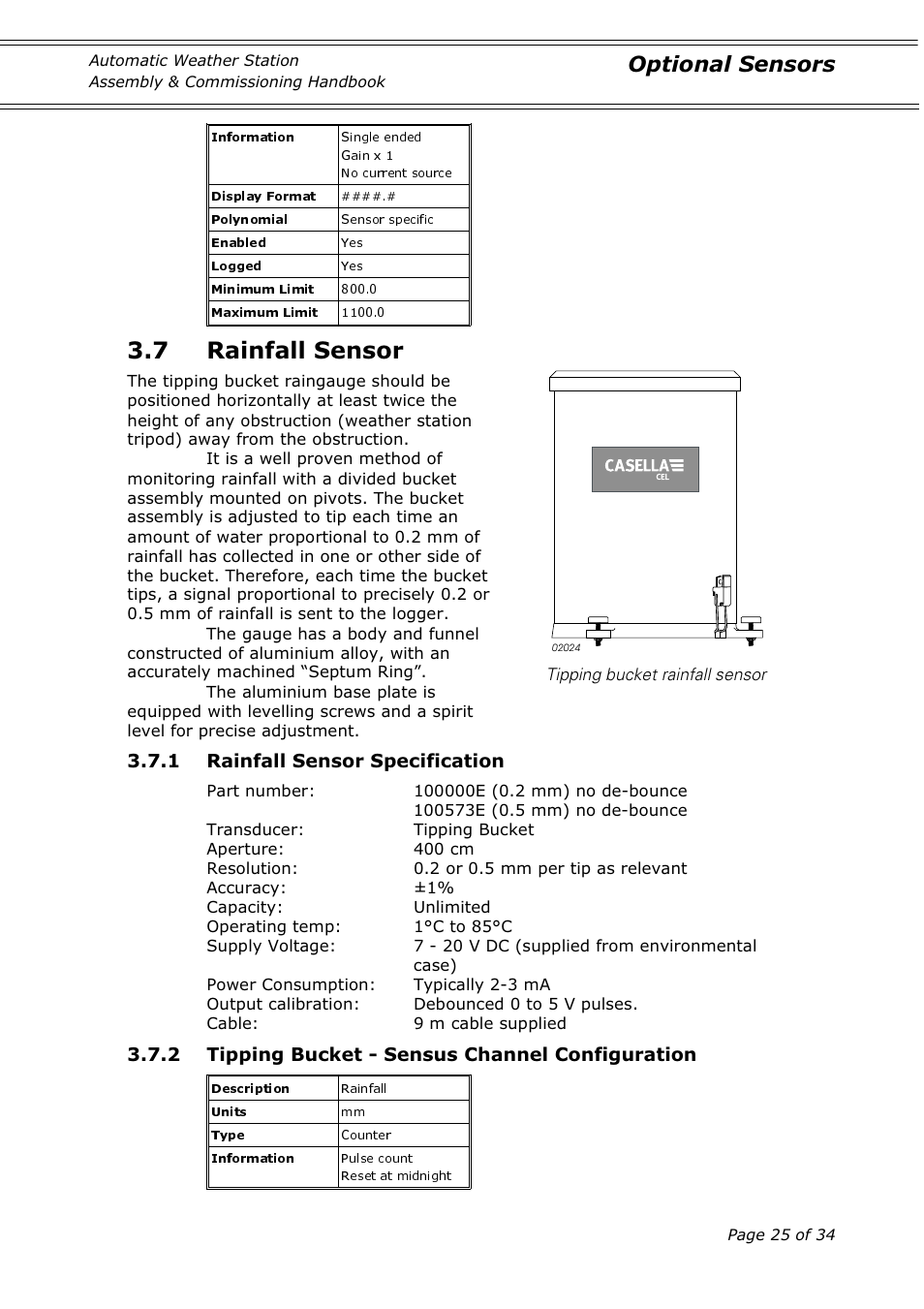 7 rainfall sensor, Optional sensors, 1 rainfall sensor specification | 2 tipping bucket - sensus channel configuration | Casella CEL Automatic weather station User Manual | Page 25 / 34